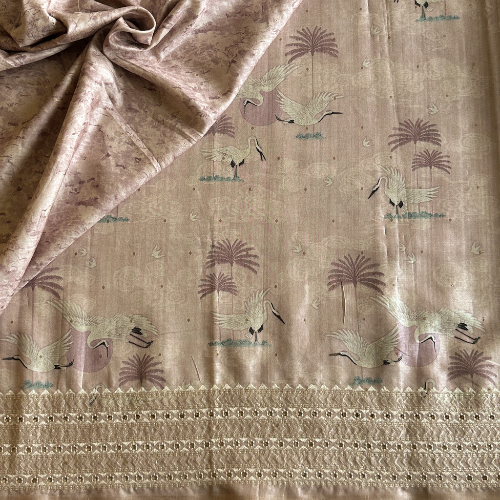 Dusty Rose Crane Print Saree With Antique Gold Zari Border