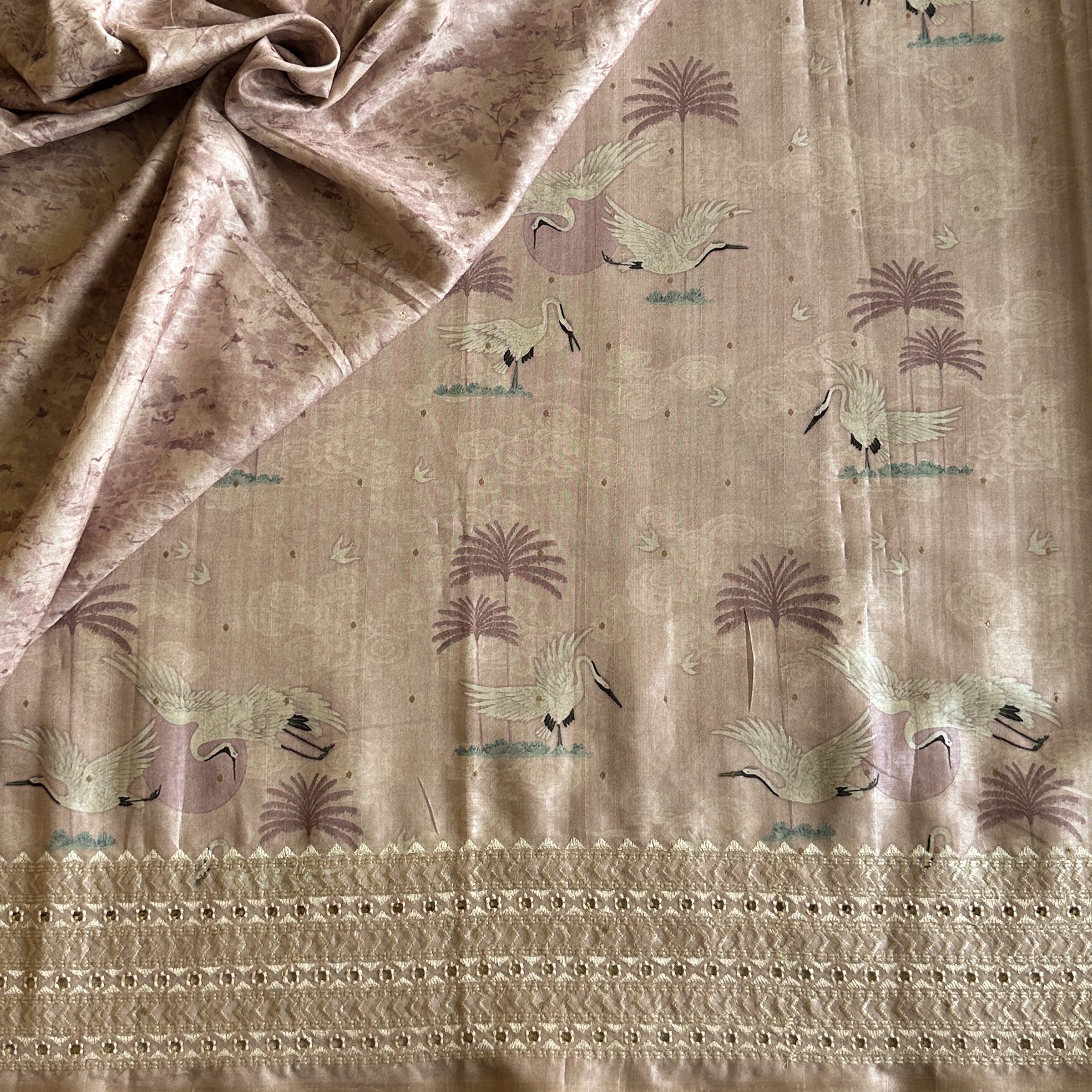 Dusty Rose Crane Print Saree With Antique Gold Zari Border