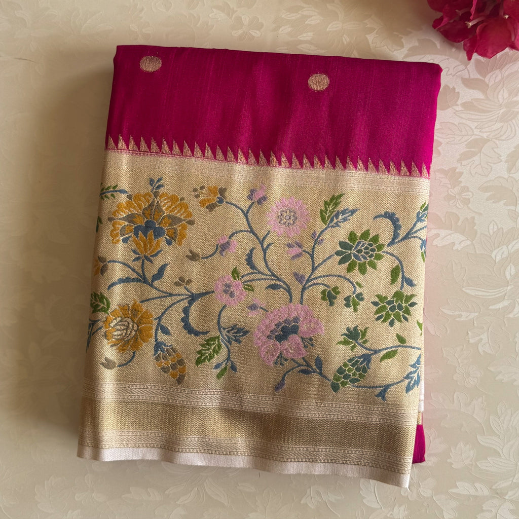 Magenta Stunner Meenakari Woven Pallu Floral Border Gold Polka Dreamy Drape
