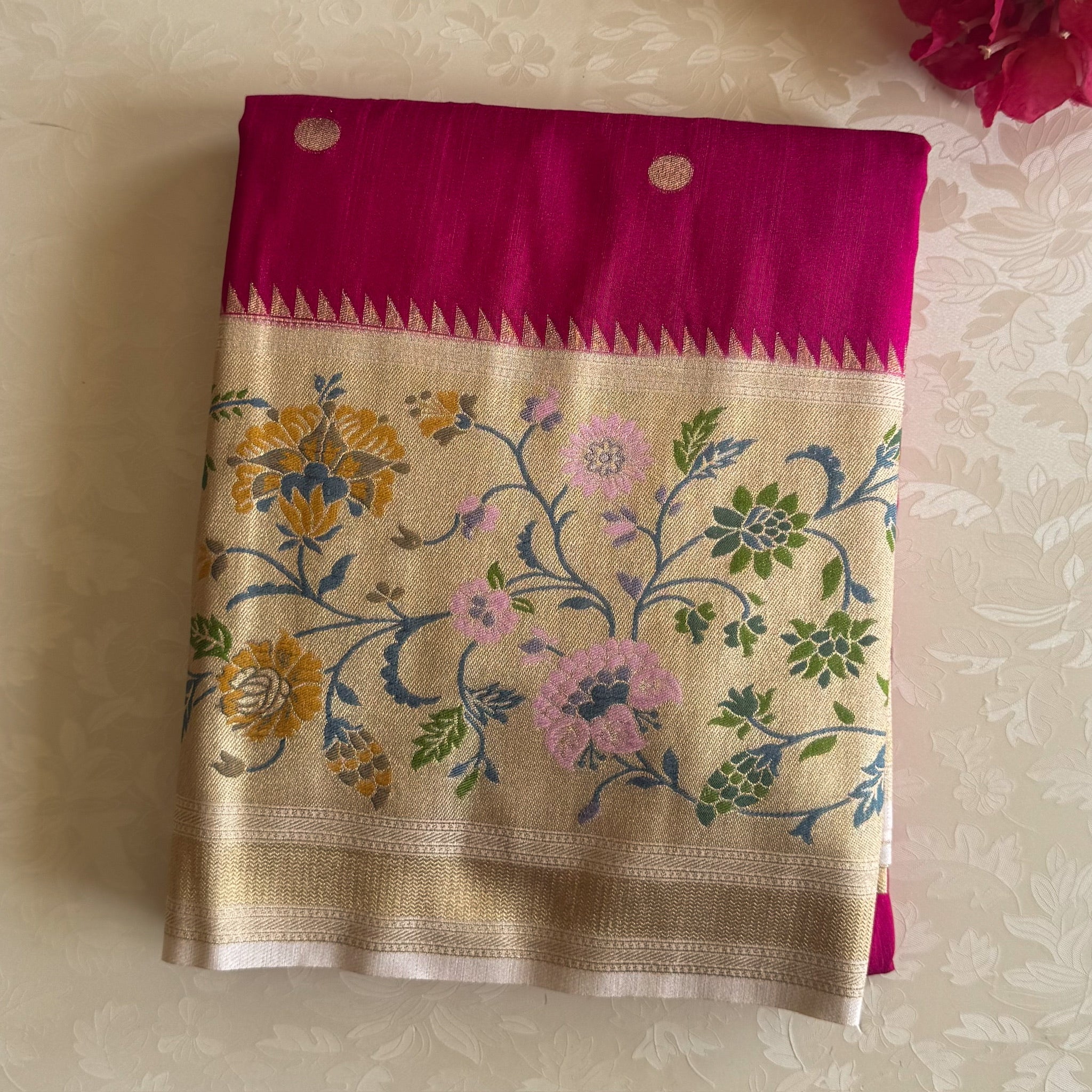 Magenta Stunner Meenakari Woven Pallu Floral Border Gold Polka Dreamy Drape