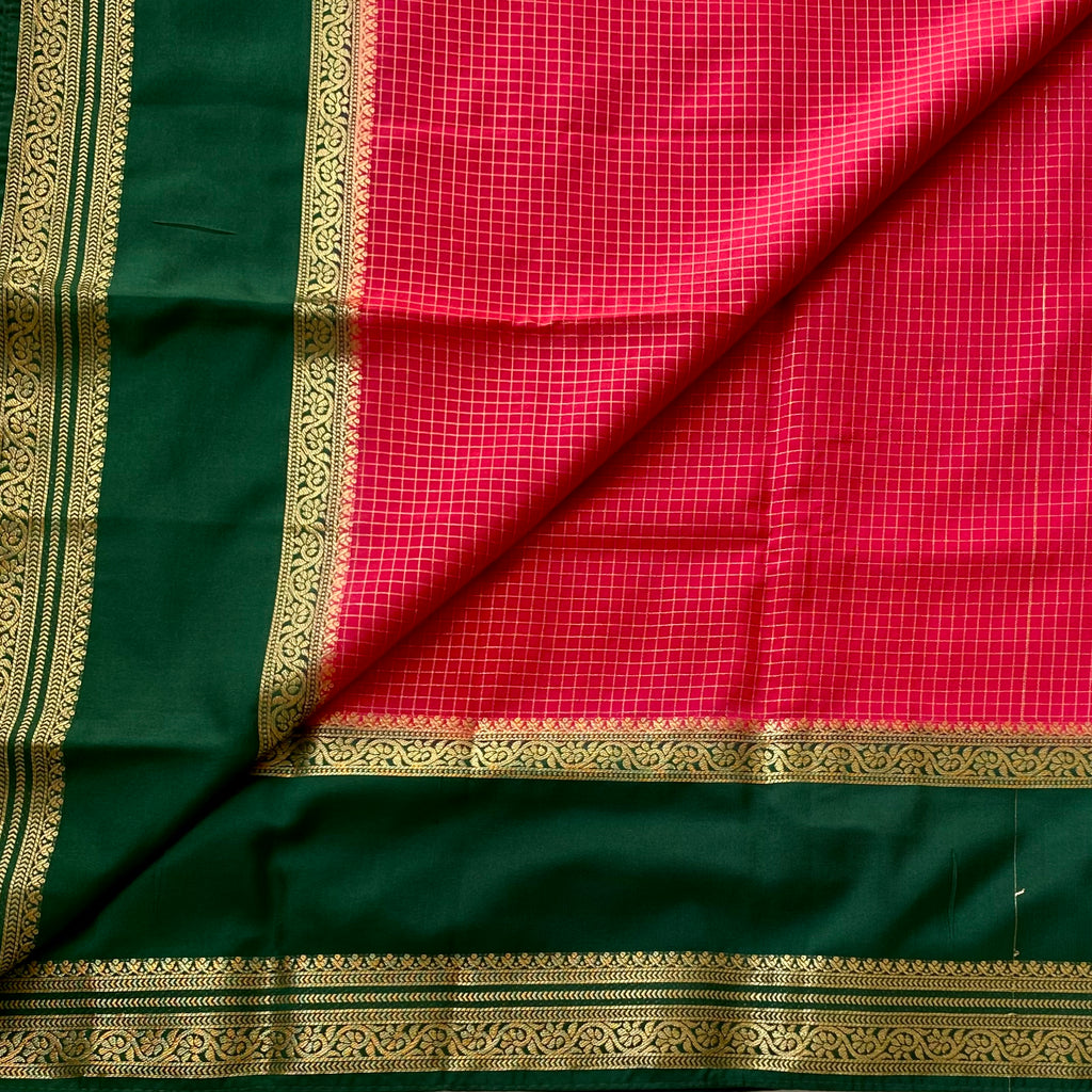 Strawberry reddish pink with emerald green checkered soft crepe silk