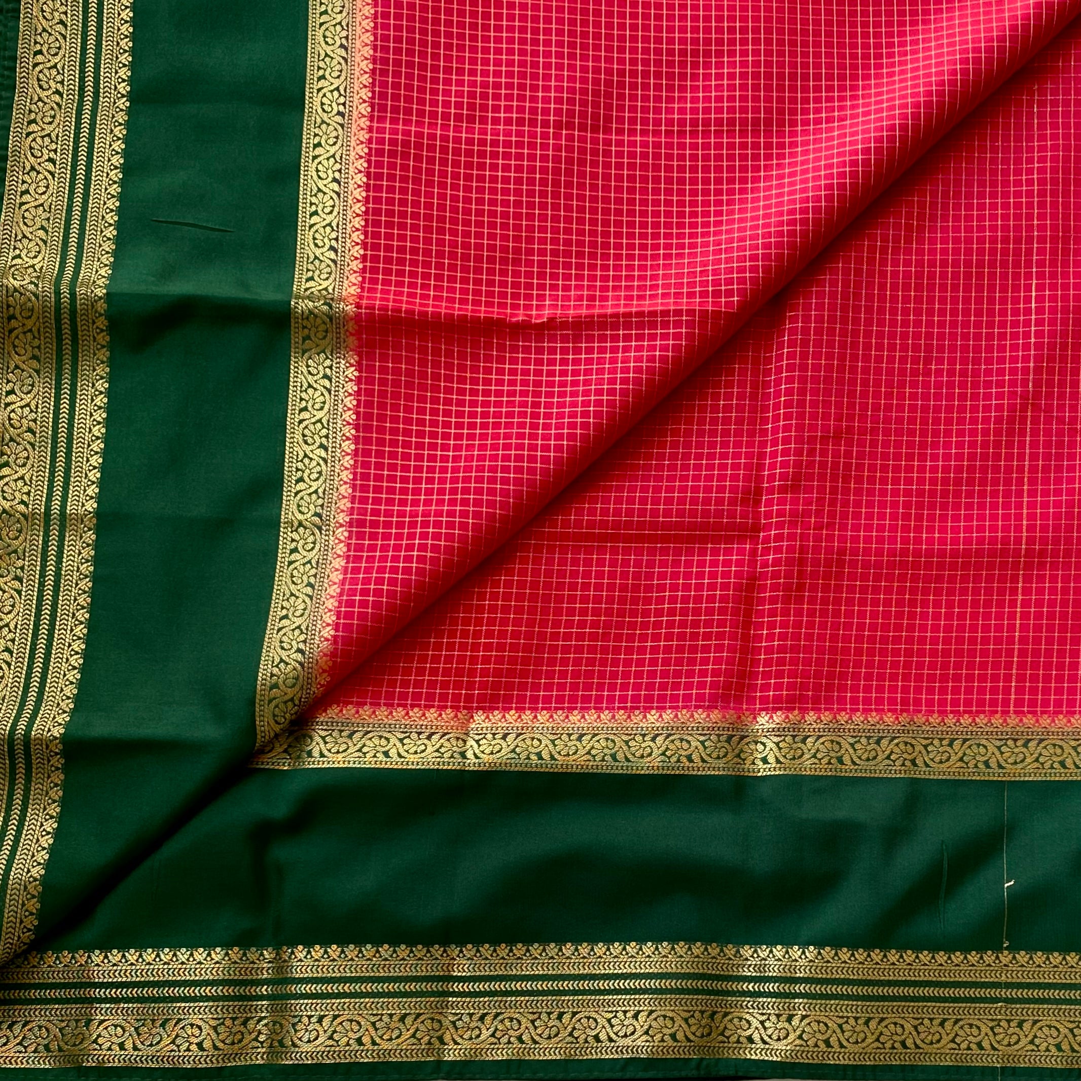 Strawberry reddish pink with emerald green checkered soft crepe silk