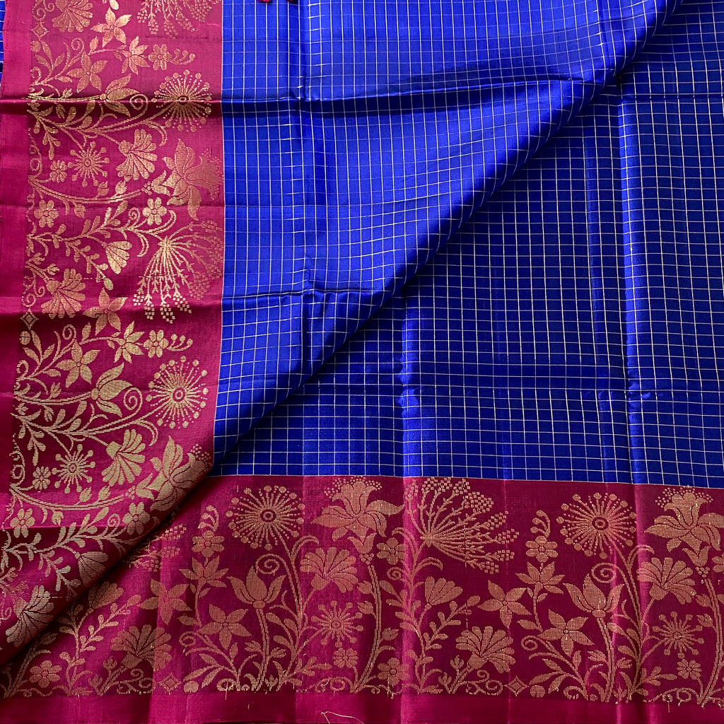 Magenta Gold Brocade Silk Saree With Cobalt Blue Checked Body