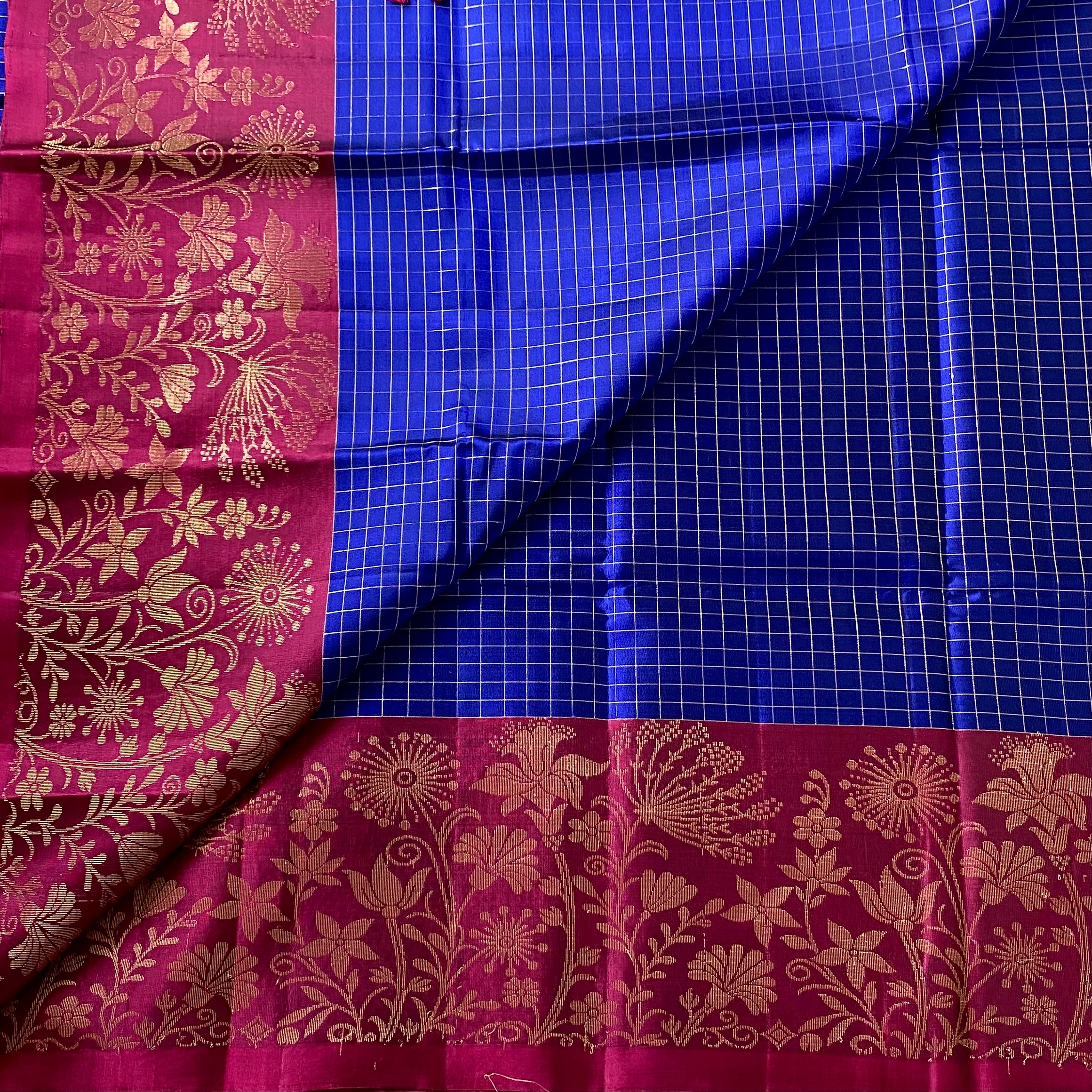 Magenta Gold Brocade Silk Saree With Cobalt Blue Checked Body
