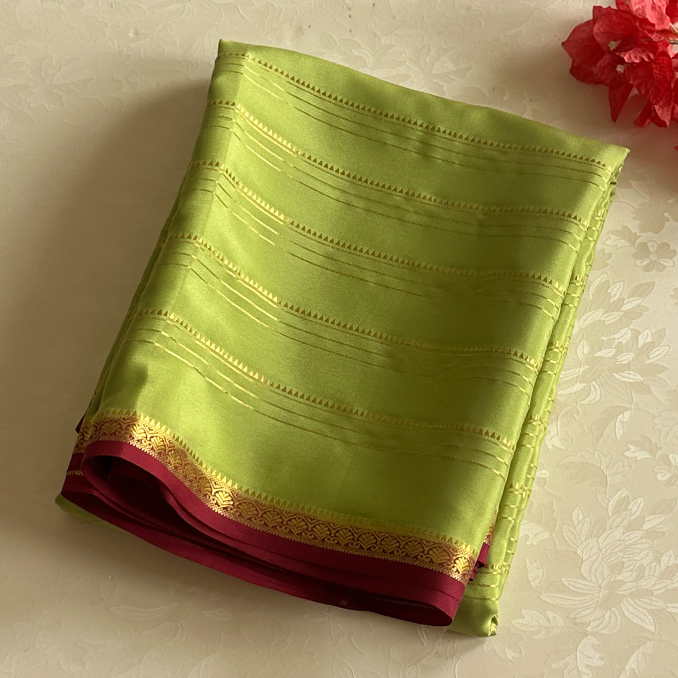 Chartreuse Zari Striped Saree with Magenta Gold Border Festive Wear