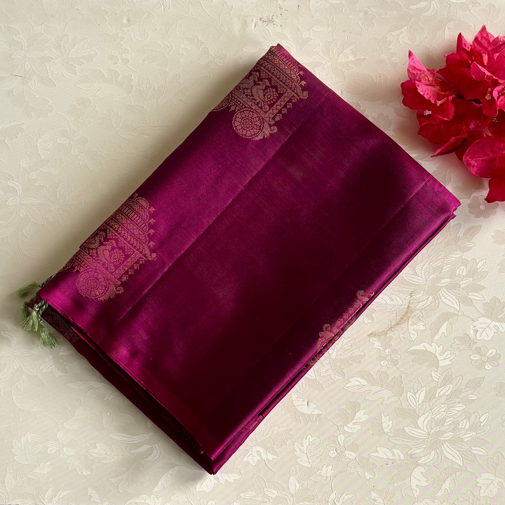 Rani Pink Designer Pure Silk Saree With Leaf Green Pallu