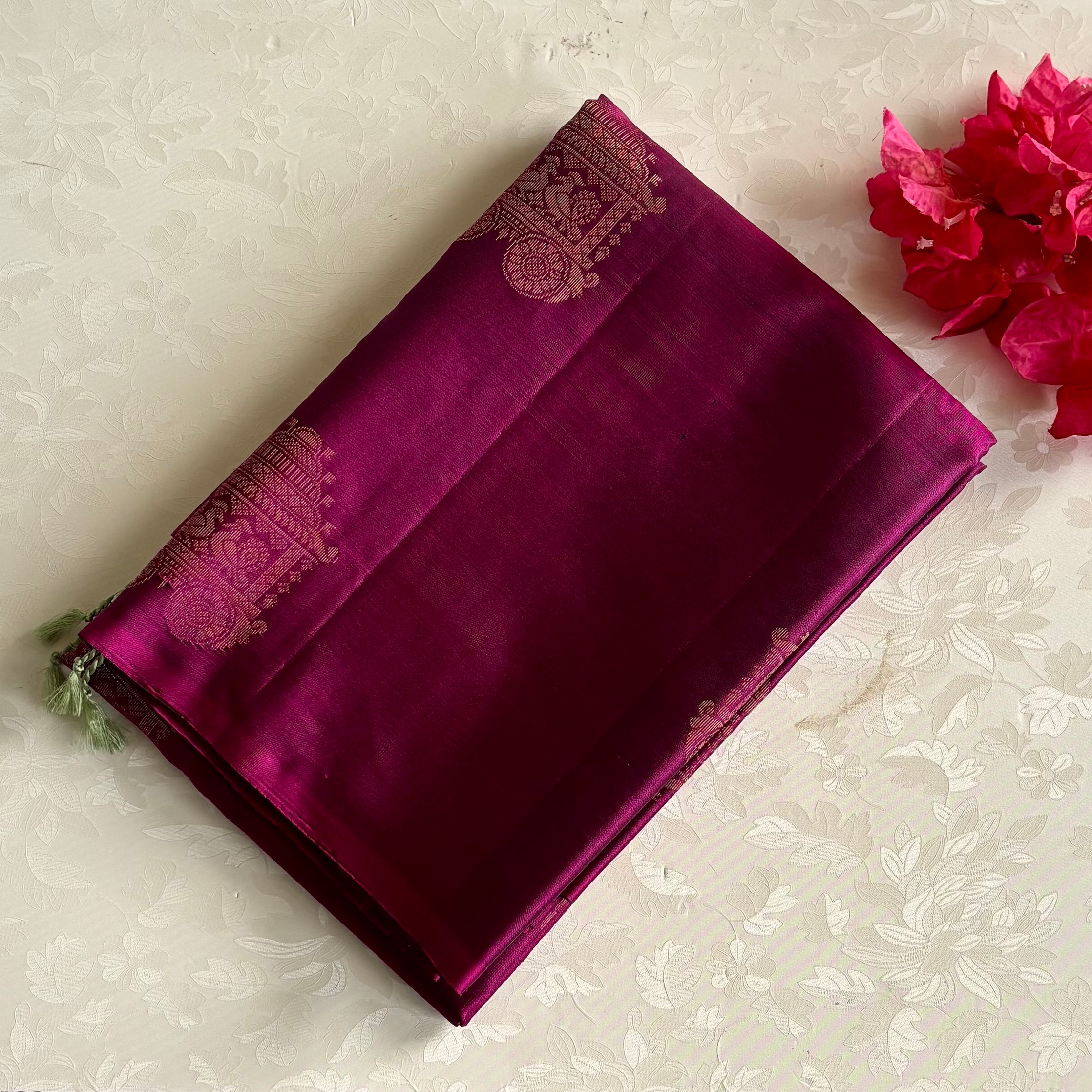 Rani Pink Designer Pure Silk Saree With Leaf Green Pallu