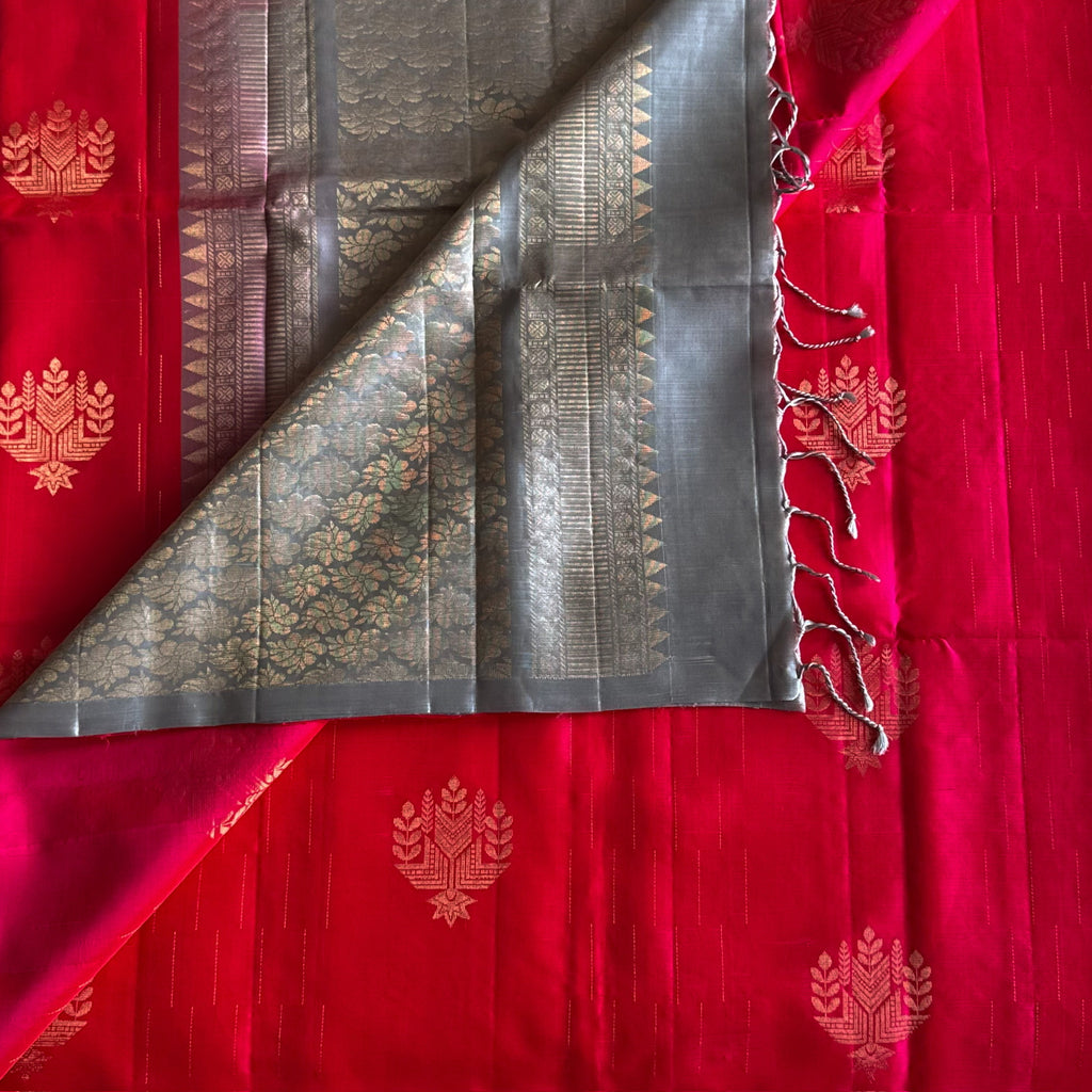 Hot Pink Woven Saree Silver Pallu Antique Gold Zari Floral Buta