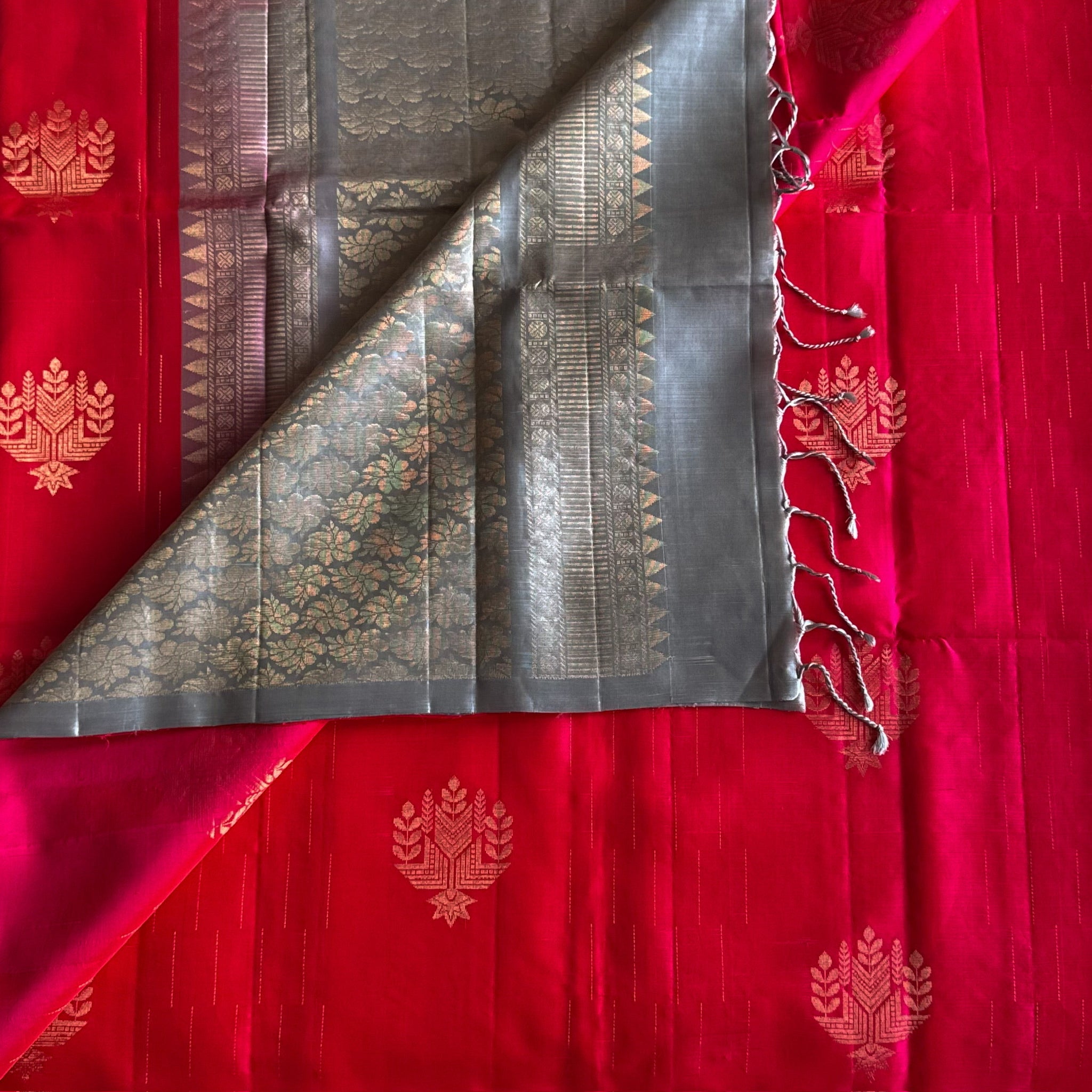 Hot Pink Woven Saree Silver Pallu Antique Gold Zari Floral Buta