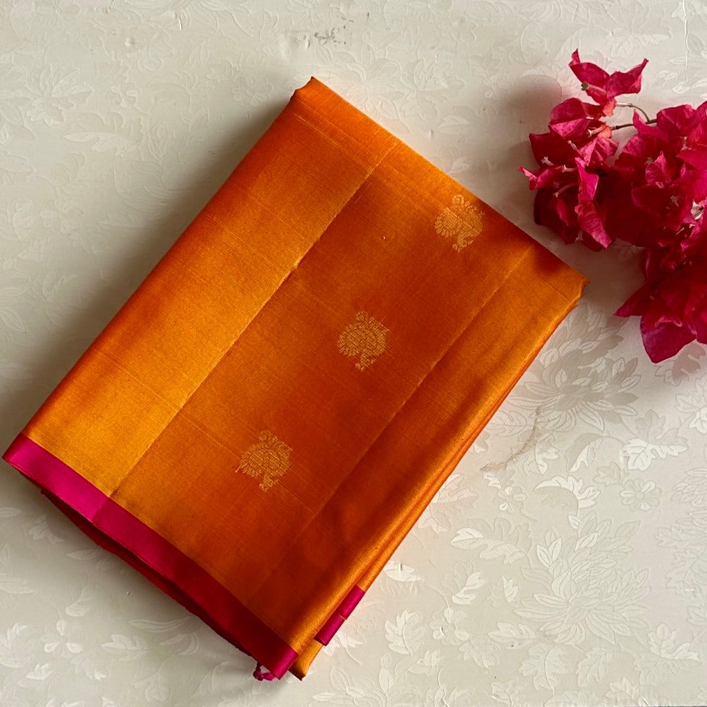 Sunset Orange Designer Pure Silk Saree With Rani Pink Pallu