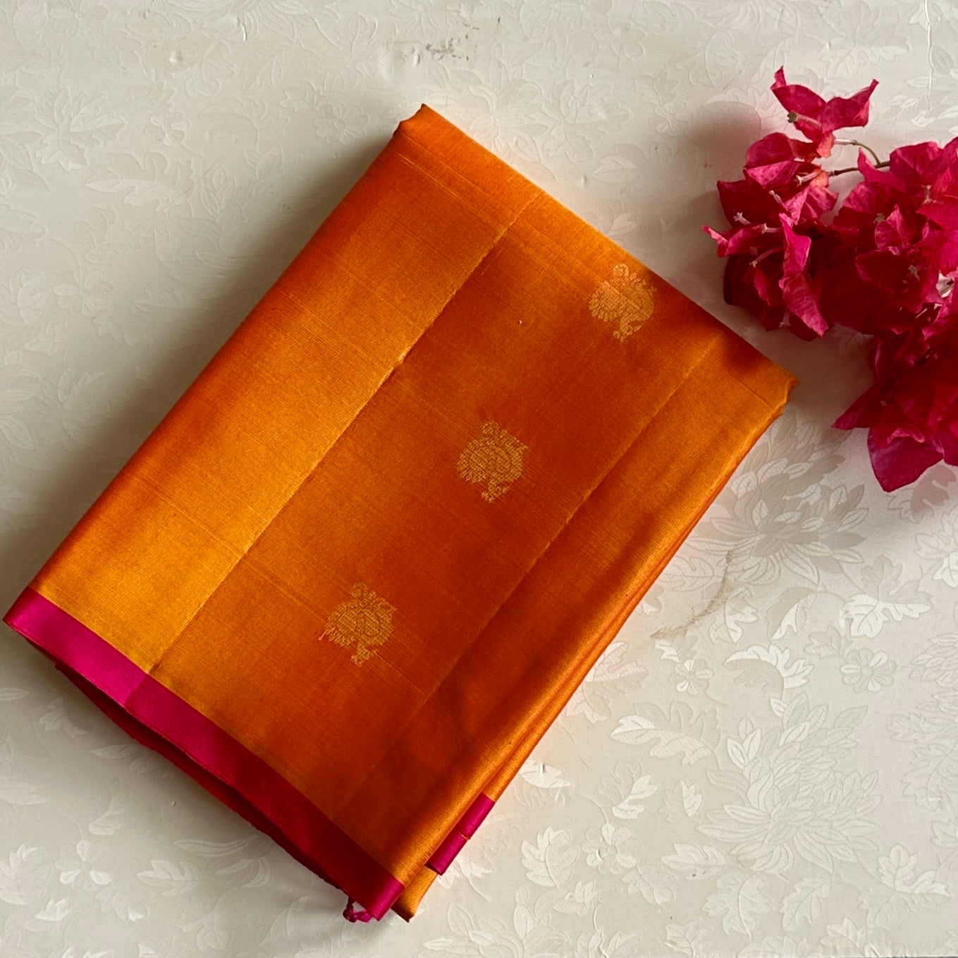 Sunset Orange Designer Pure Silk Saree With Rani Pink Pallu