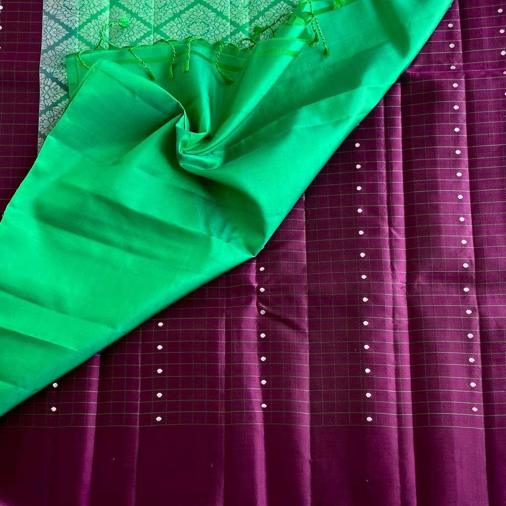 Deep Plum Designer Pure Silk Saree With Emerald Green Pallu