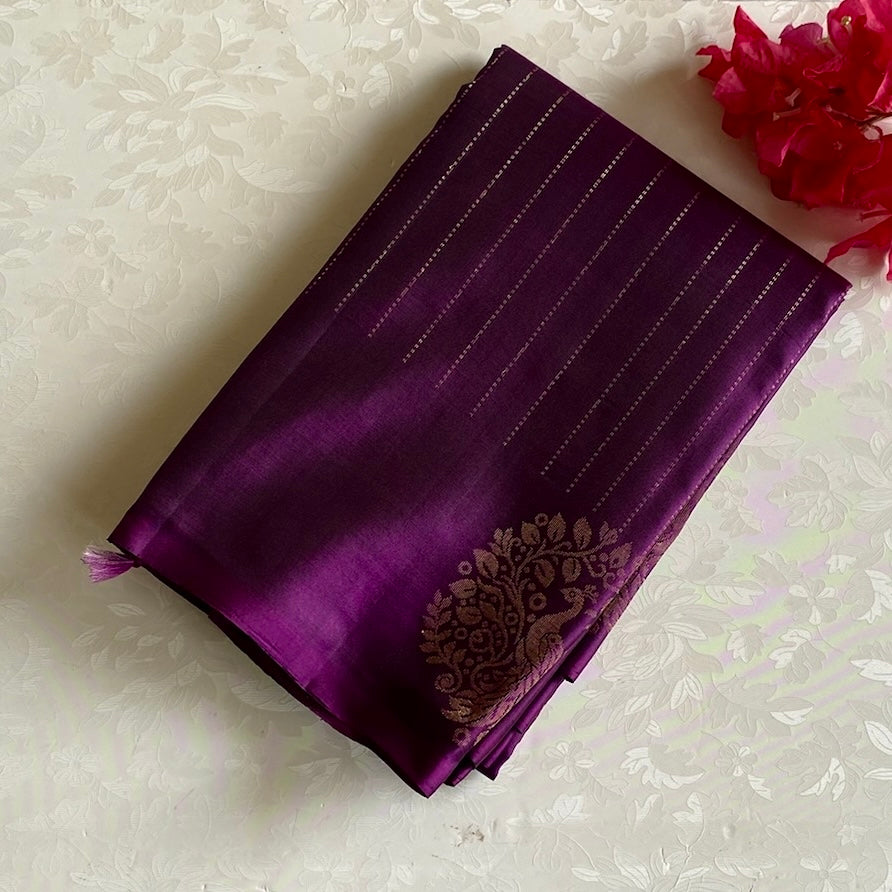 Grape Purple Designer Pure Silk Saree With Metallic Gold Brocade Pallu