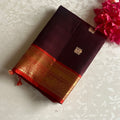 Espresso Wine Designer Pure Silk Saree With Bright Orange Pallu And Gold Zari