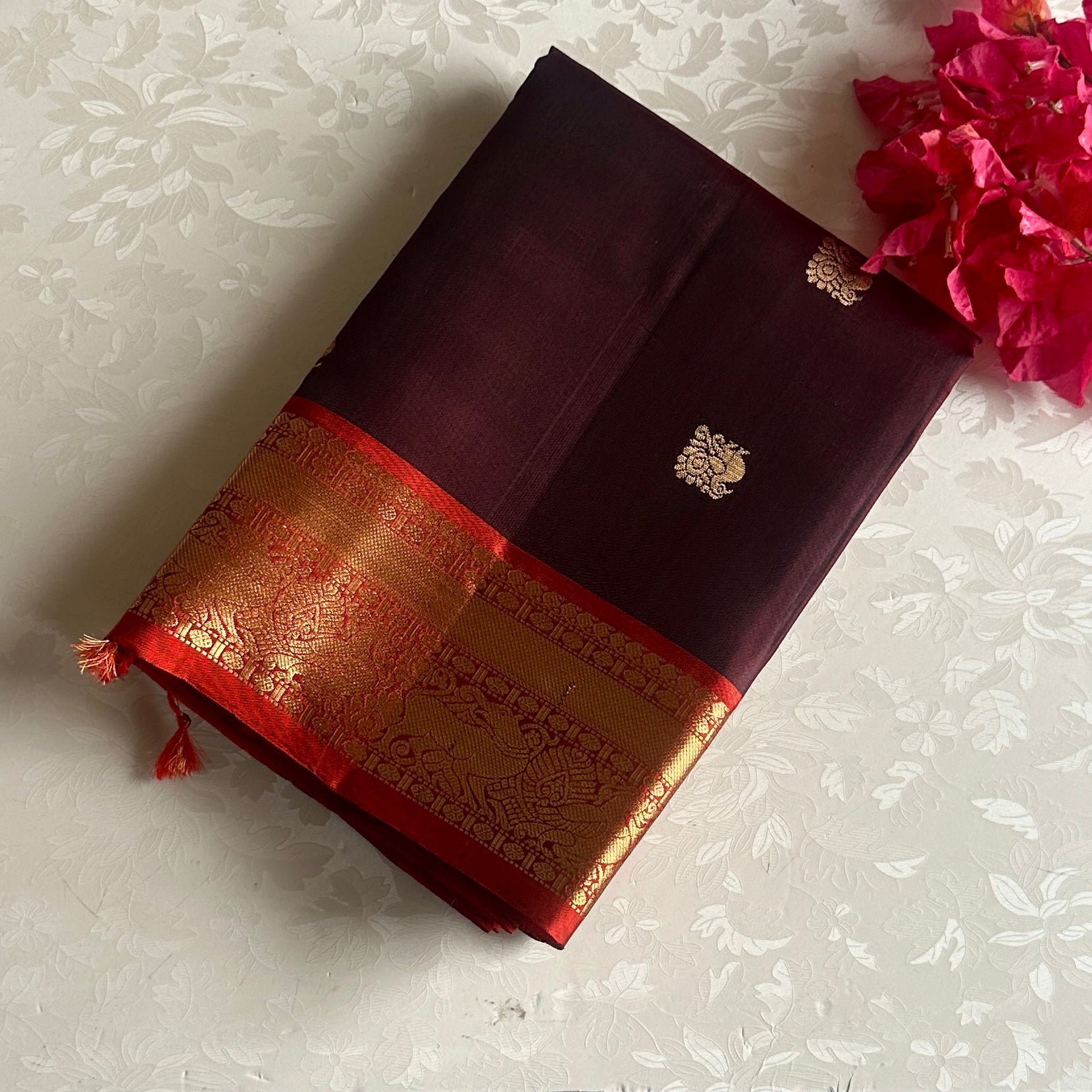 Espresso Wine Designer Pure Silk Saree With Bright Orange Pallu And Gold Zari