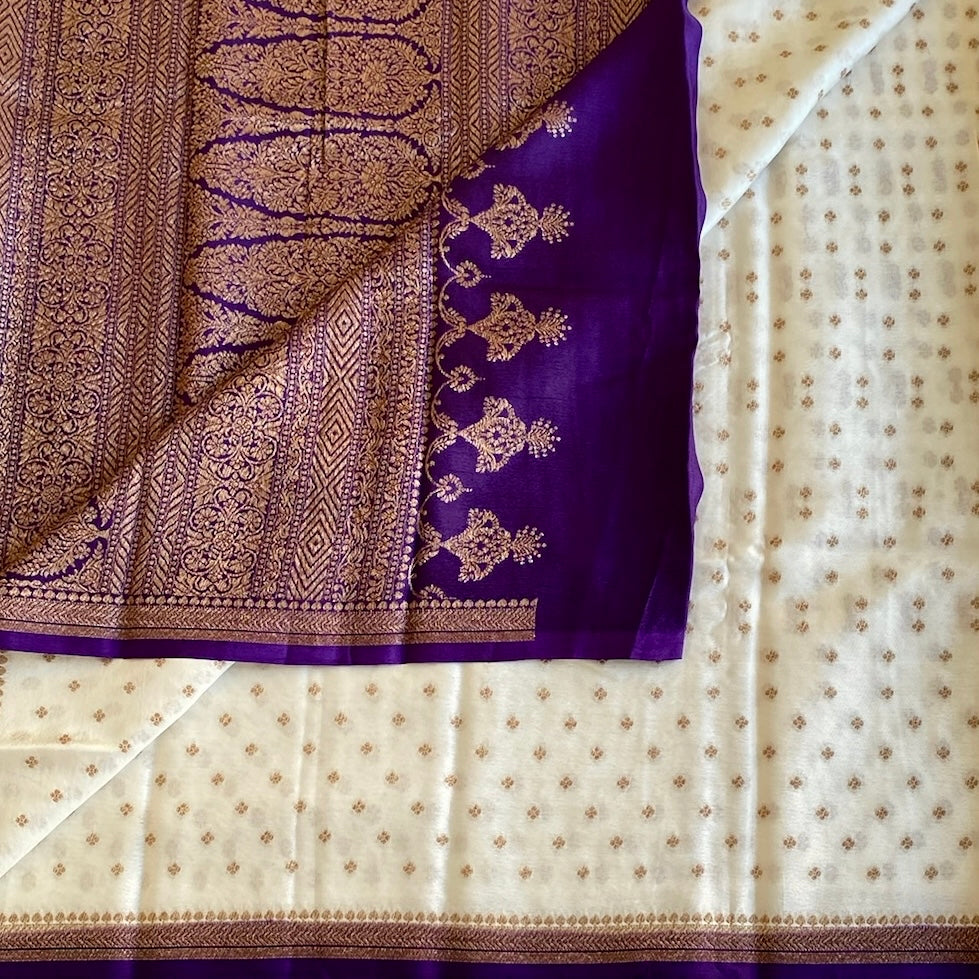 Ivory Banarasi Soft Crepe Silk Saree With Royal Purple Pallu