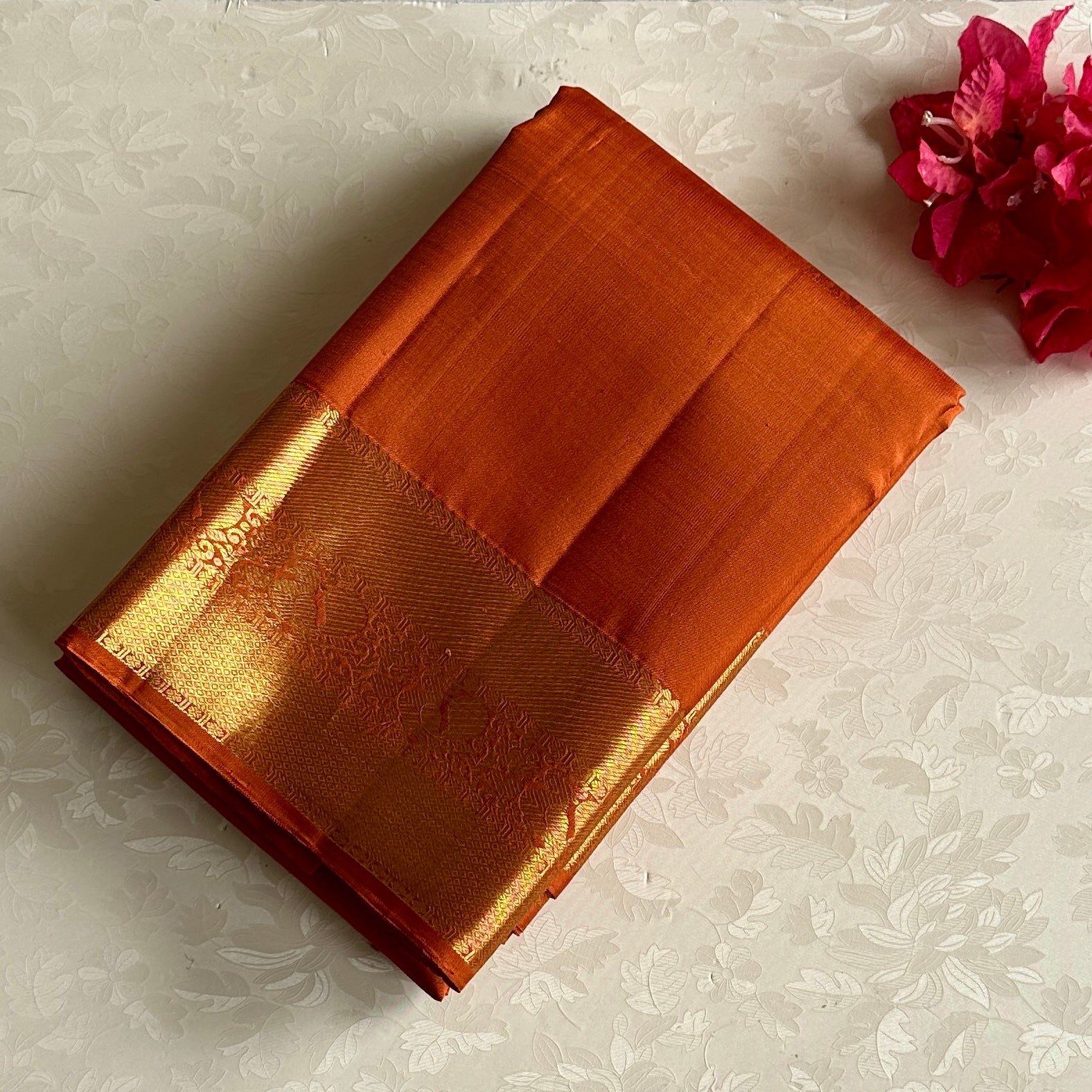 Burnt Orange Kanjeevaram Pure Zari Silk Saree With Gold Border
