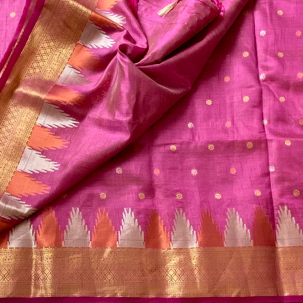 Deep mauve pink soft tussar silk with temple borders