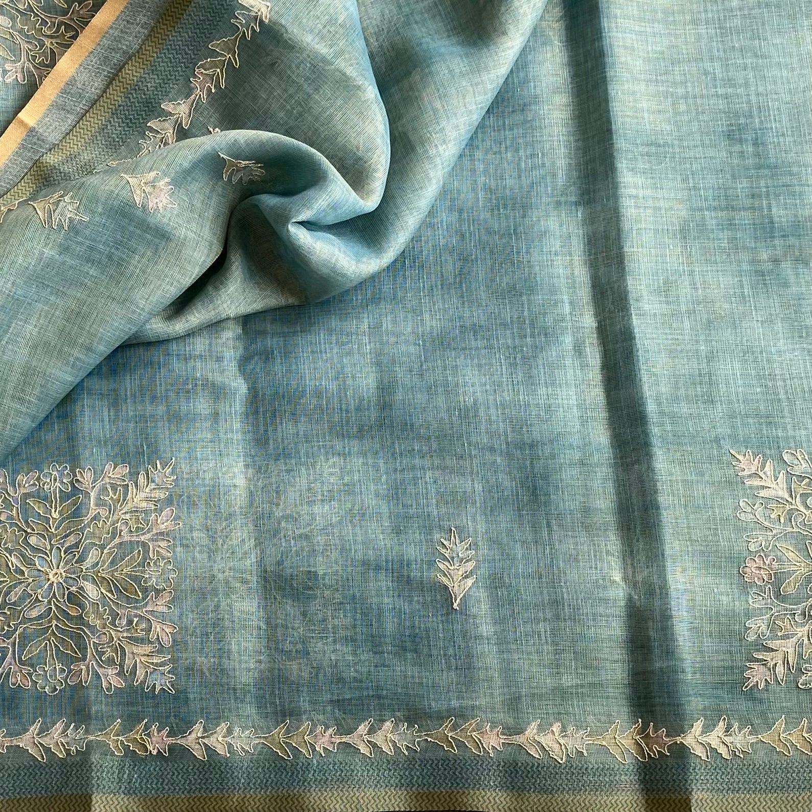 Pastel Powder Blue Soft Linen Designer Elegant With Antique Gold Embroidery