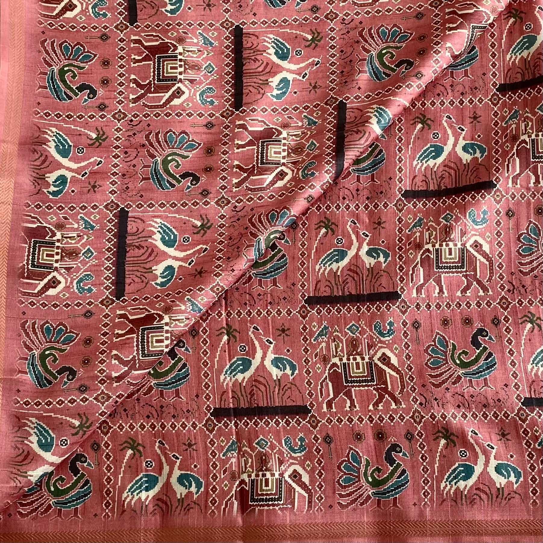 Dusty Rose Soft Tussar Silk Saree With Teal Blue Accents