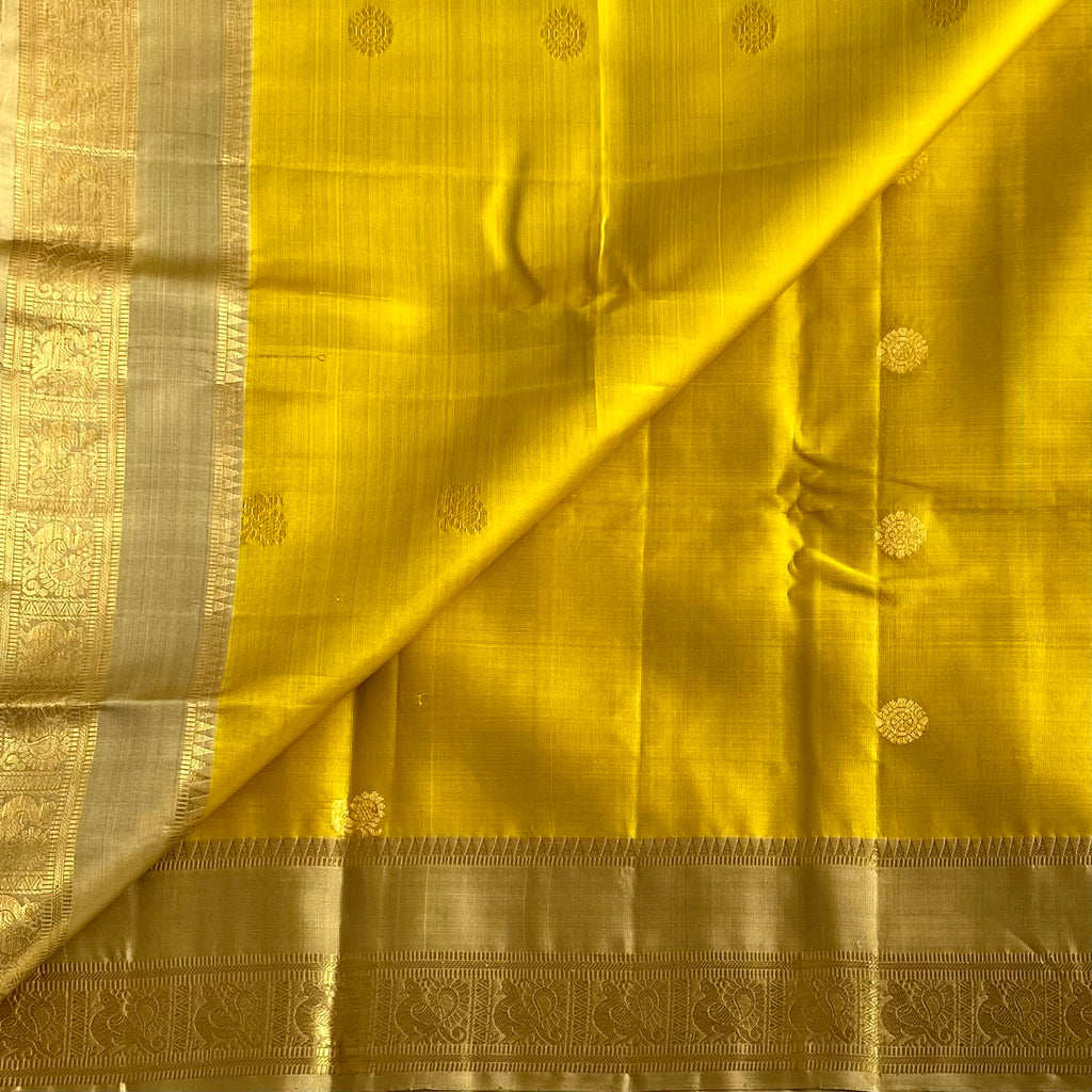 Mustard Yellow & Antique Gold Designer Pure Silk Saree With Zari Buttas