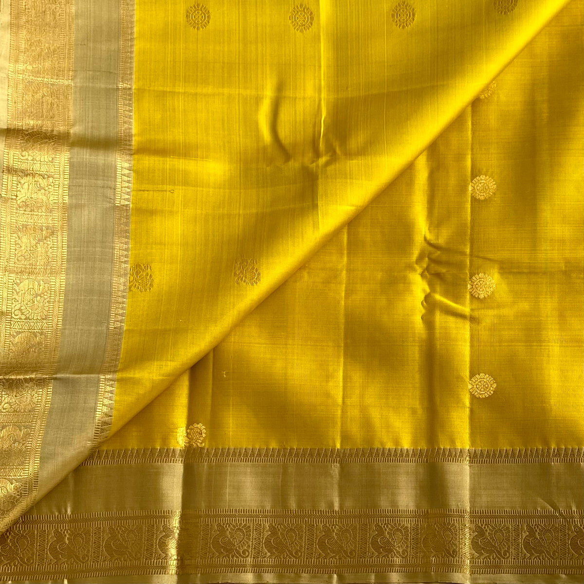 Mustard Yellow & Antique Gold Designer Pure Silk Saree With Zari Buttas
