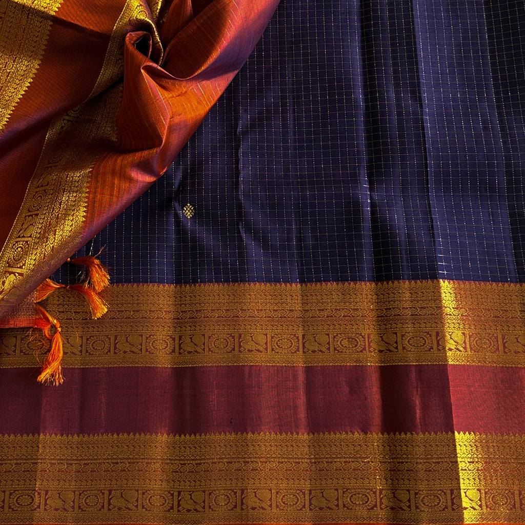 Deep Maroon Gold Brocade Silk Saree Navy Pallu Traditional Wedding