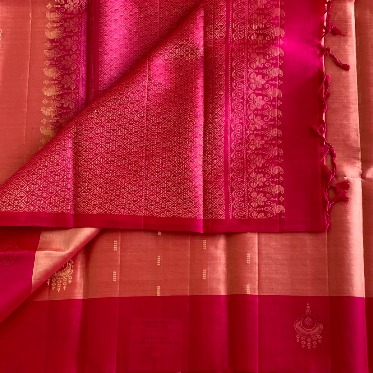 Coral Blush Designer Pure Silk Saree With Rani Pink Pallu