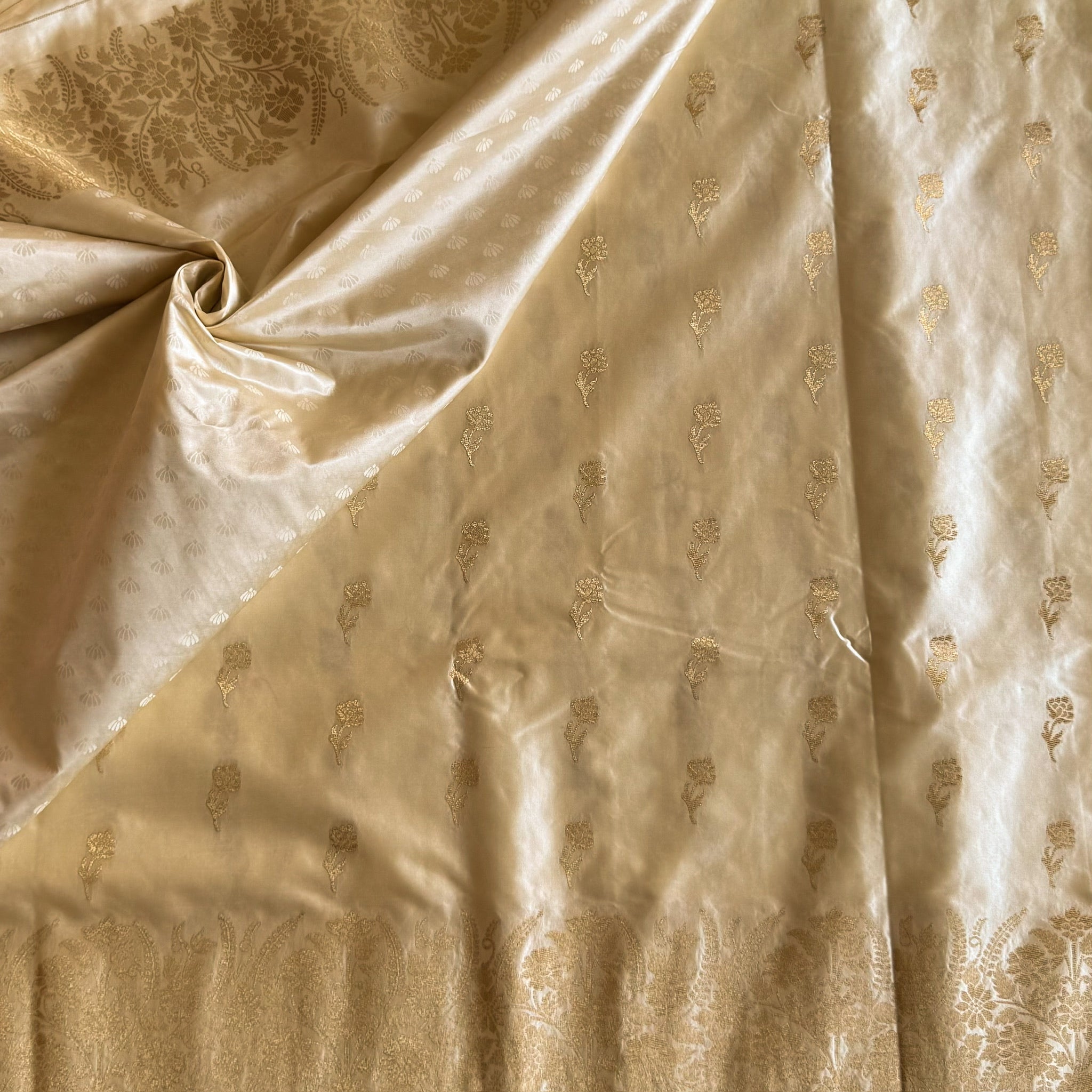 Champagne Gold Brocade Silk Saree With Tassel Pallu For Wedding