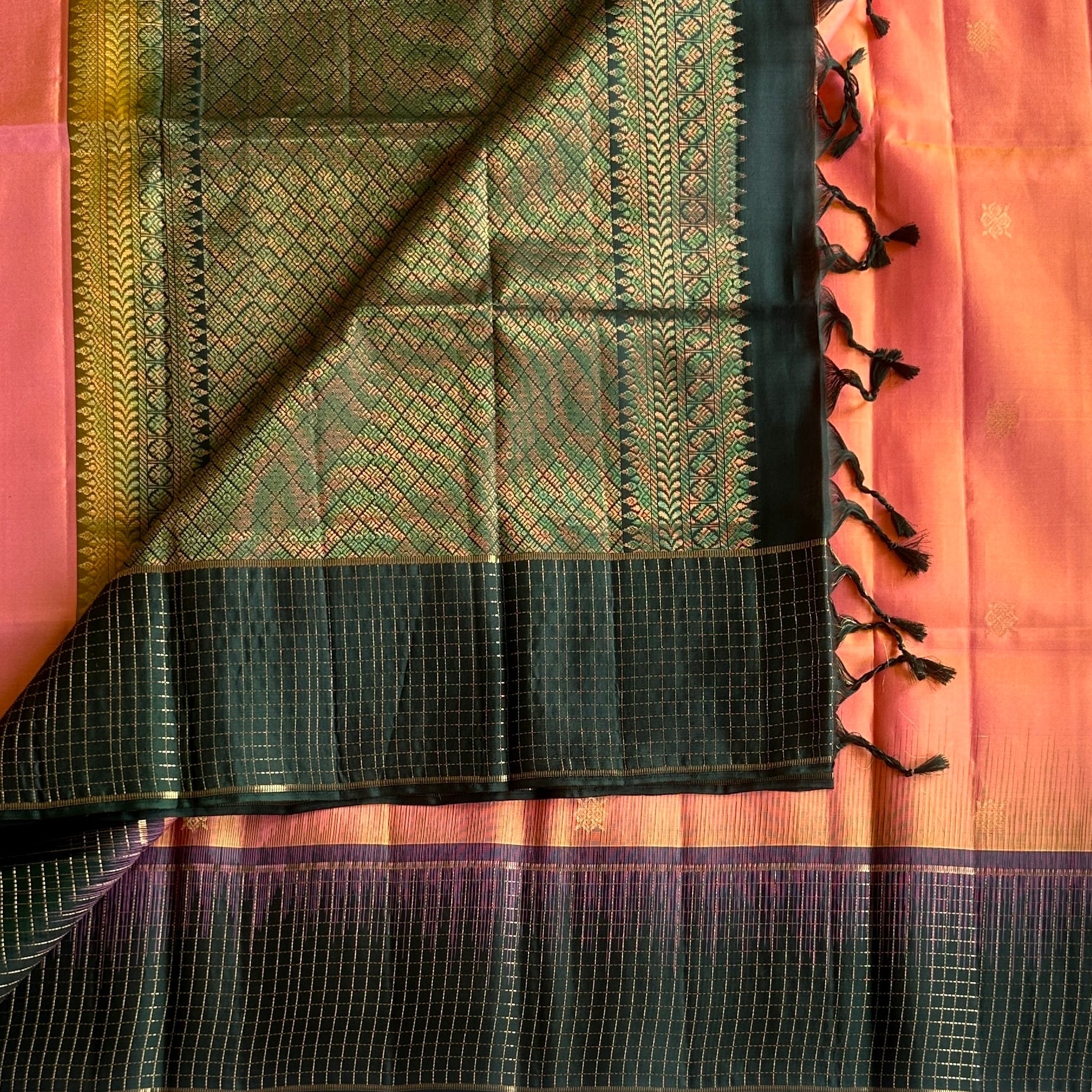 Deep Teal Traditional Silk Saree Gold Brocade Coral Pink Pallu