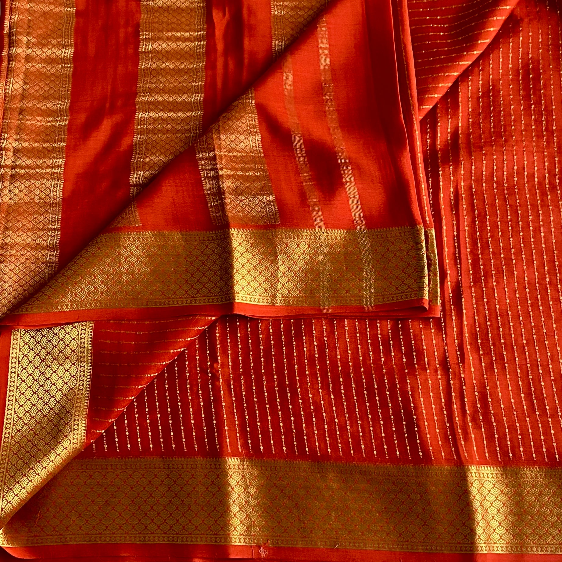 Burnt Orange Mysore Crepe Silk Saree With Metallic Gold Border