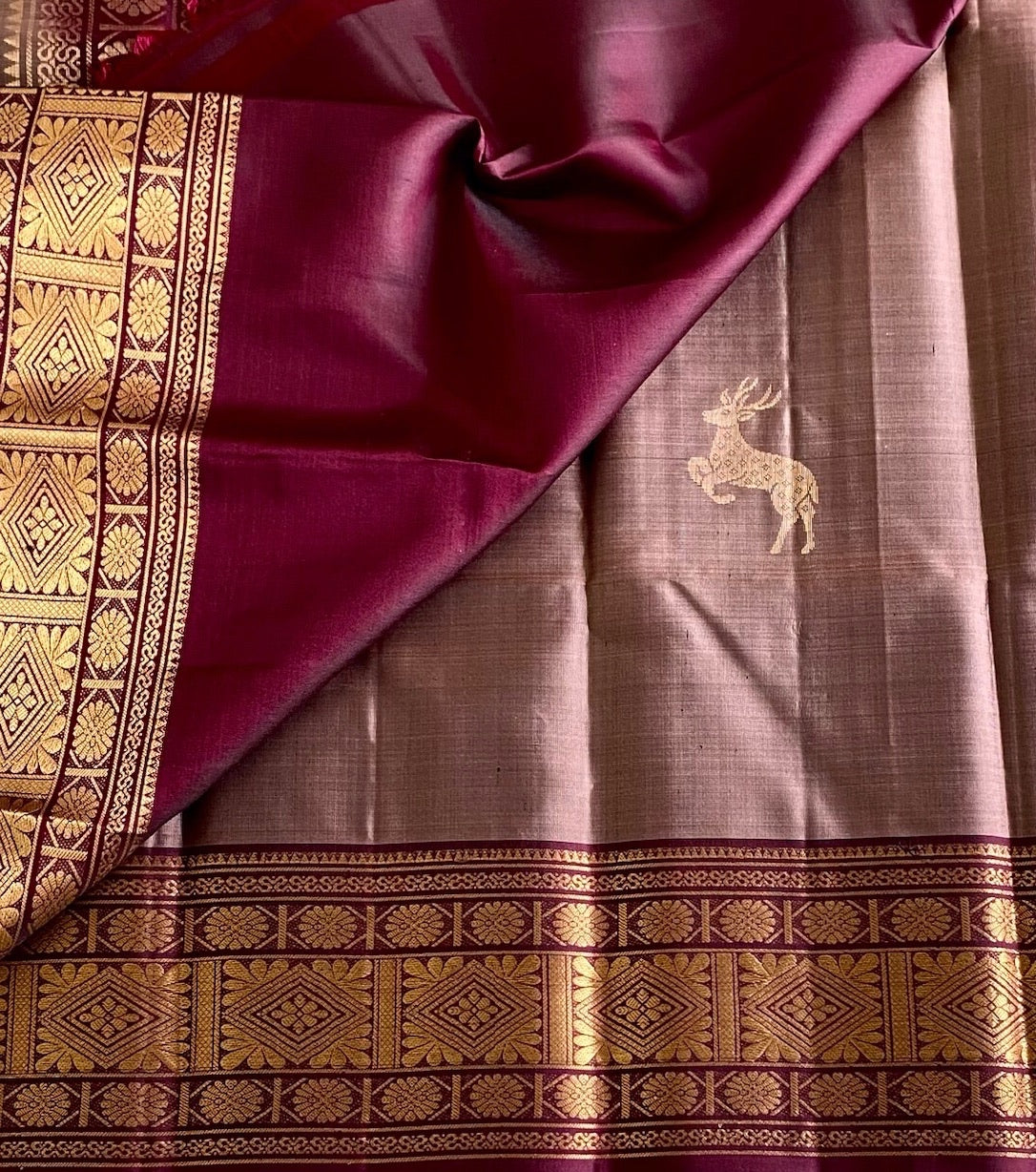 Taupe Designer Pure Silk Saree With Burgundy Pallu And Gold Zari