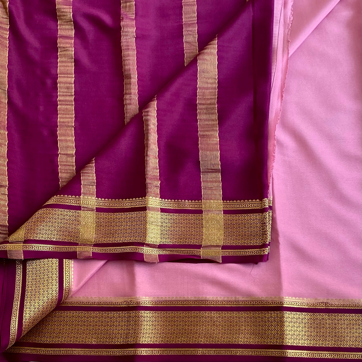 Mauve Pink & Magenta Metallic Gold Mysore Crepe Silk Saree
