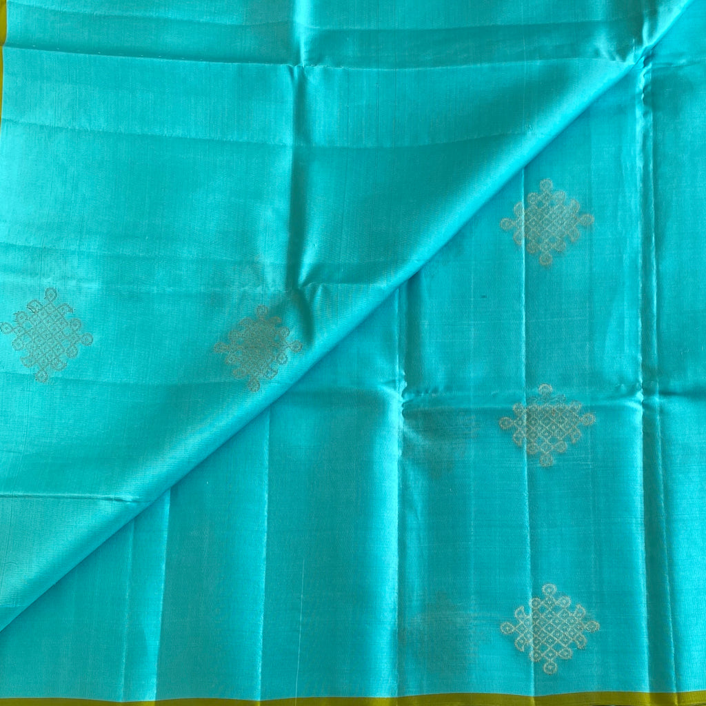 Sea Blue Kollam Designer Pure Silk Saree With Lime Green Pallu