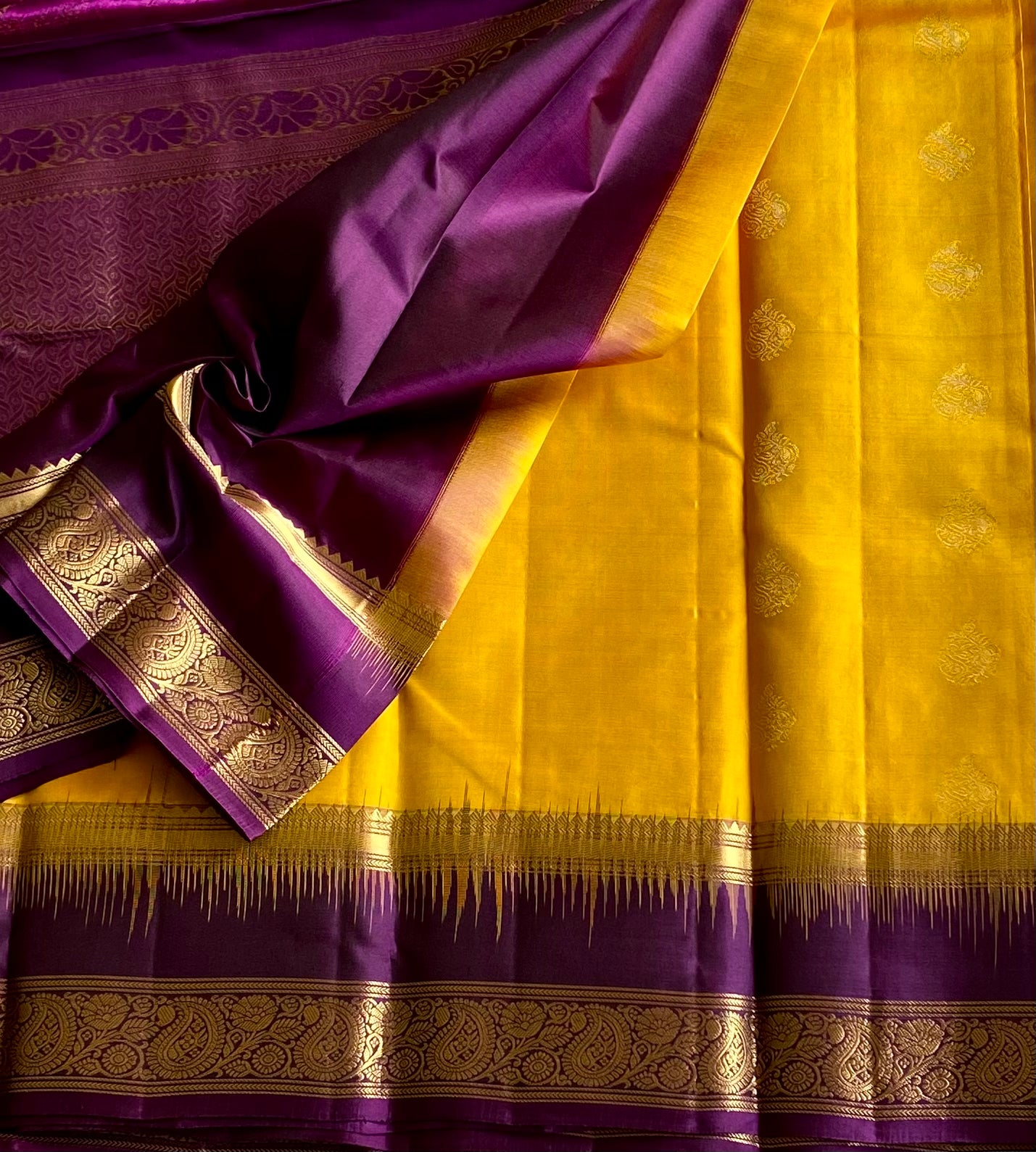 Golden Yellow Silk Saree Royal Purple Pallu Gold Zari Border