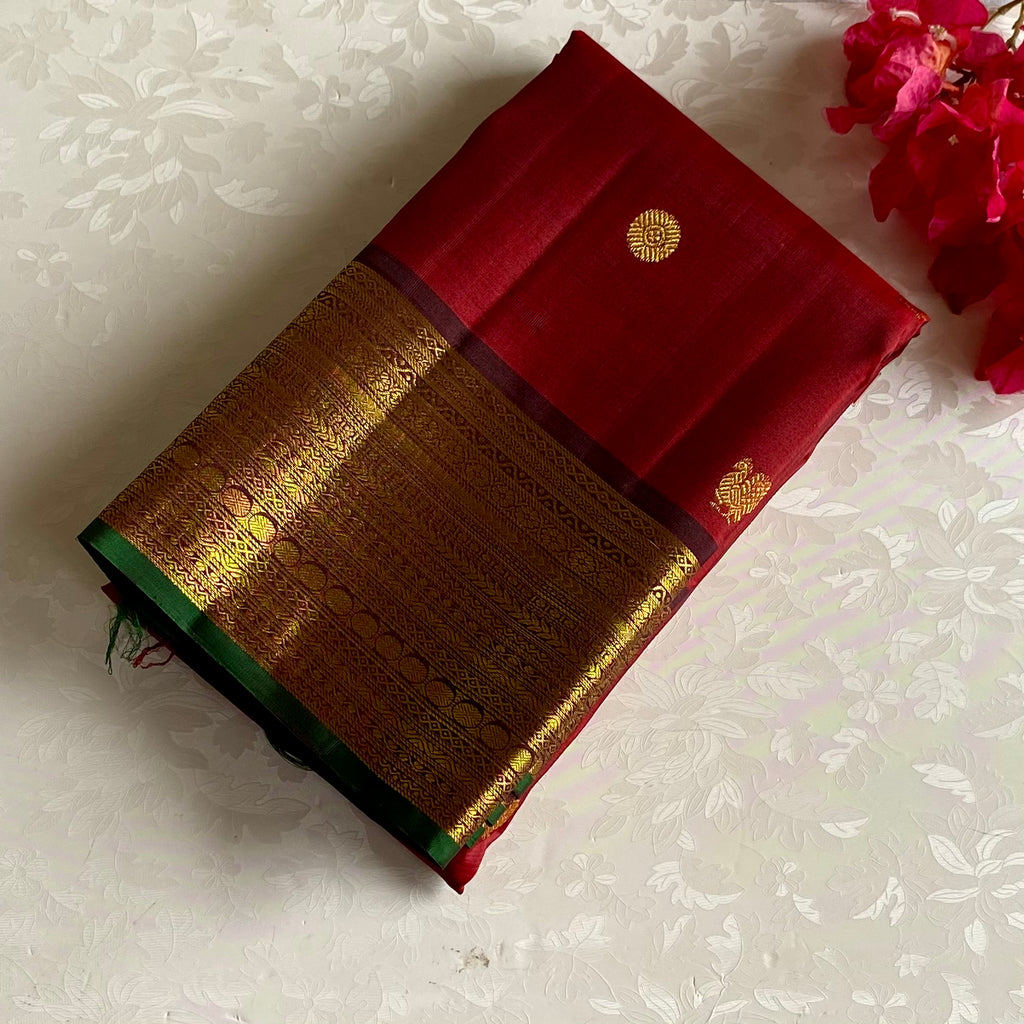 Deep Maroon Pure Kanjeevaram Silk With Coffee Brown Contrast