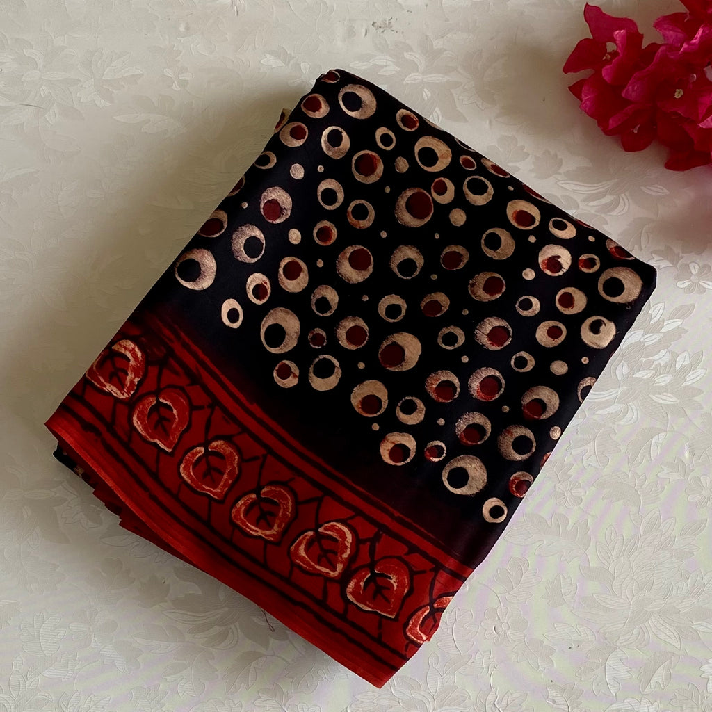 Rust Red And Jet Black Ajrakh Handblock Printed Silk With Gold Zari Pallu