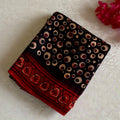 Rust Red And Jet Black Ajrakh Handblock Printed Silk With Gold Zari Pallu