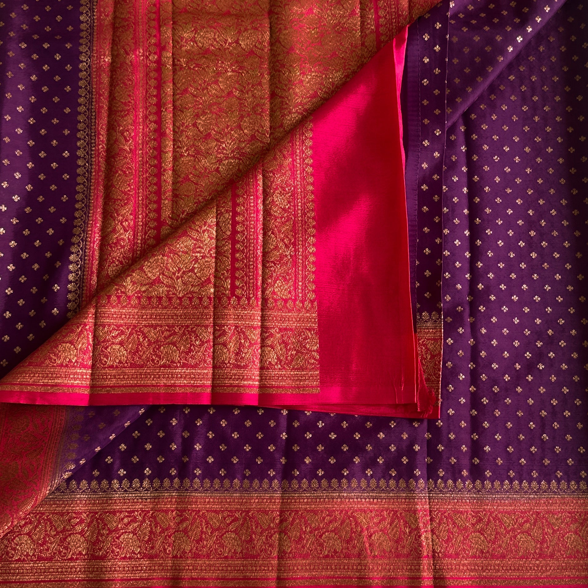 Royal Purple Magenta Silk Saree Gold Brocade Floral Wedding Attire