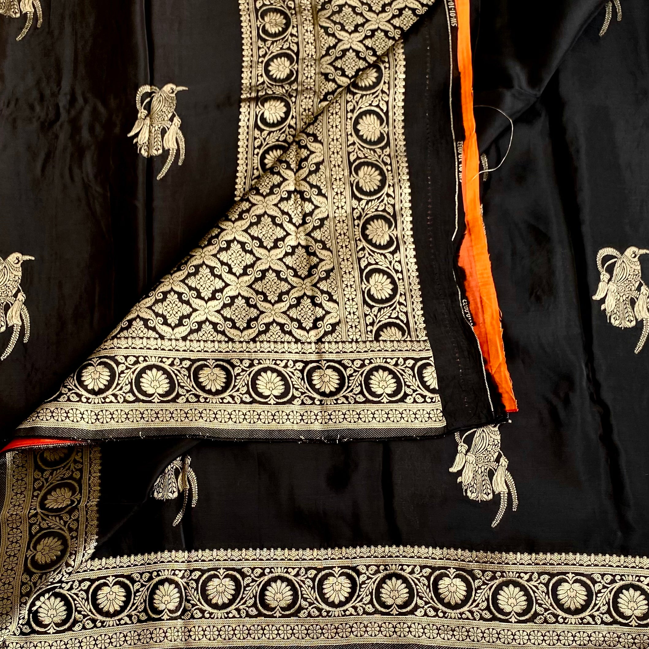 Jet Black Soft Crepe Silk With Antique Gold Border & Contrast Burnt Orange Blouse