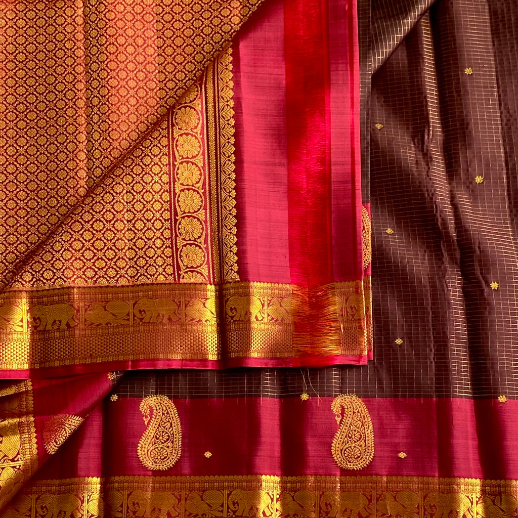 Classic Brown Checkered Pure Zari Kanjeevaram Silk With Deep Raspberry Constrast