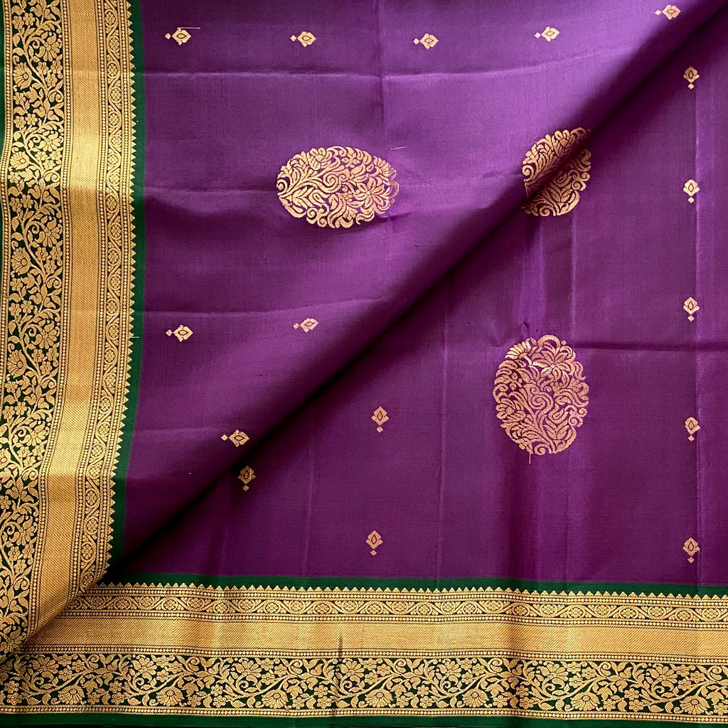 Deep Purple Designer Pure Silk with Emerald Green Zari Border