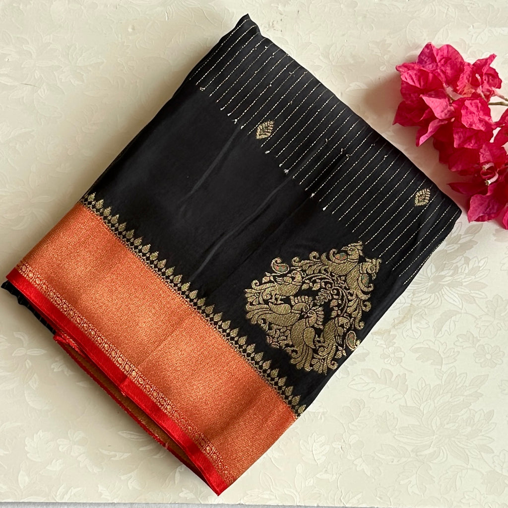 Black Silk Saree Vermilion Red Gold Brocade Pallu Wedding