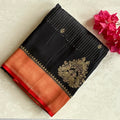 Black Silk Saree Vermilion Red Gold Brocade Pallu Wedding