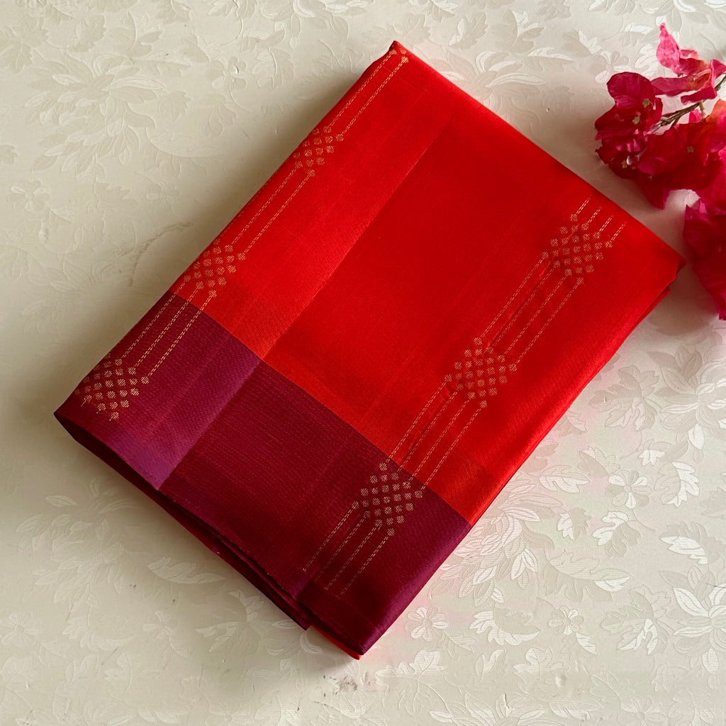 Scarlet Reddish Orange Designer Pure Silk Saree Wine Maroon Zari Border