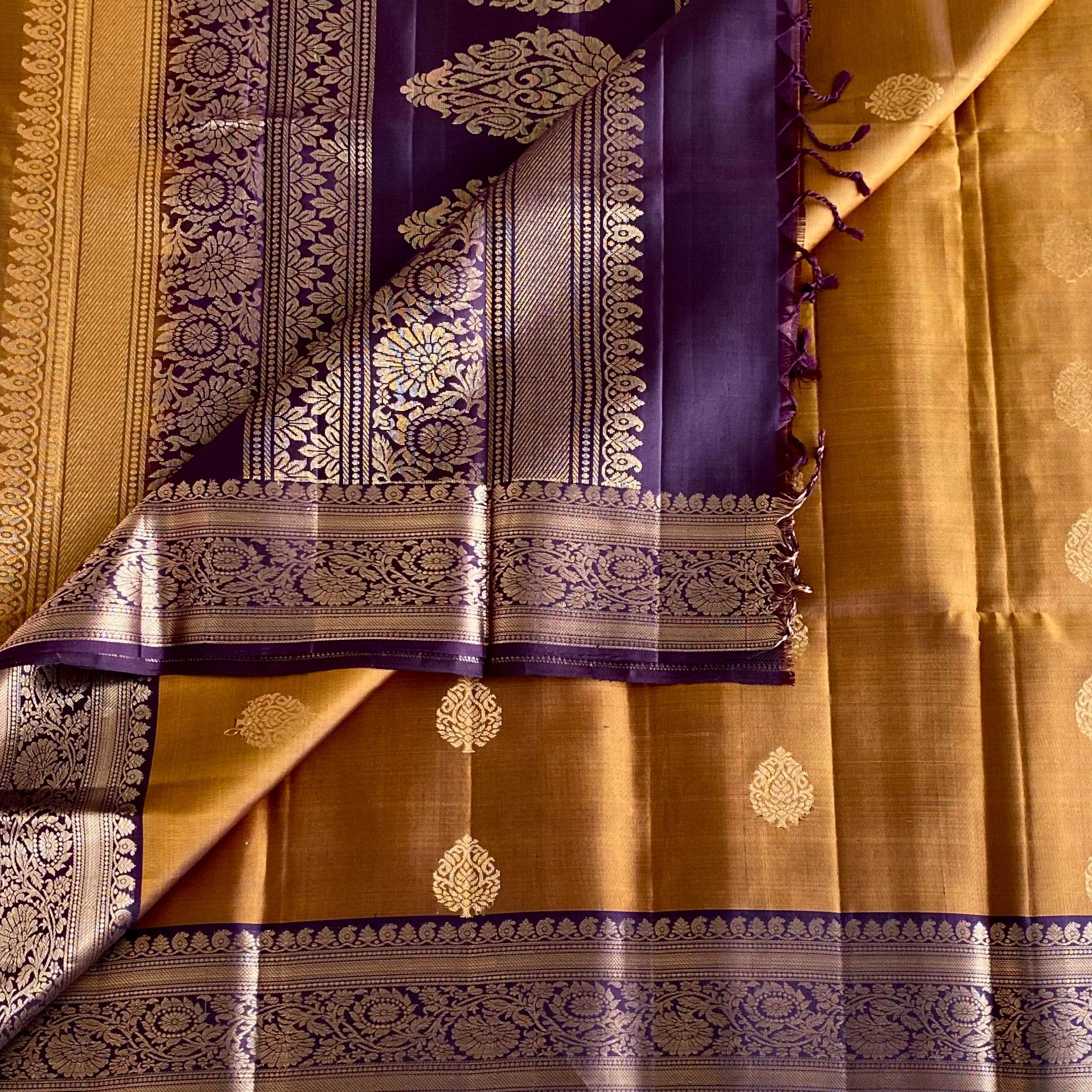 Antique Amber Gold Designer Pure Silk Saree With Royal Purple Pallu