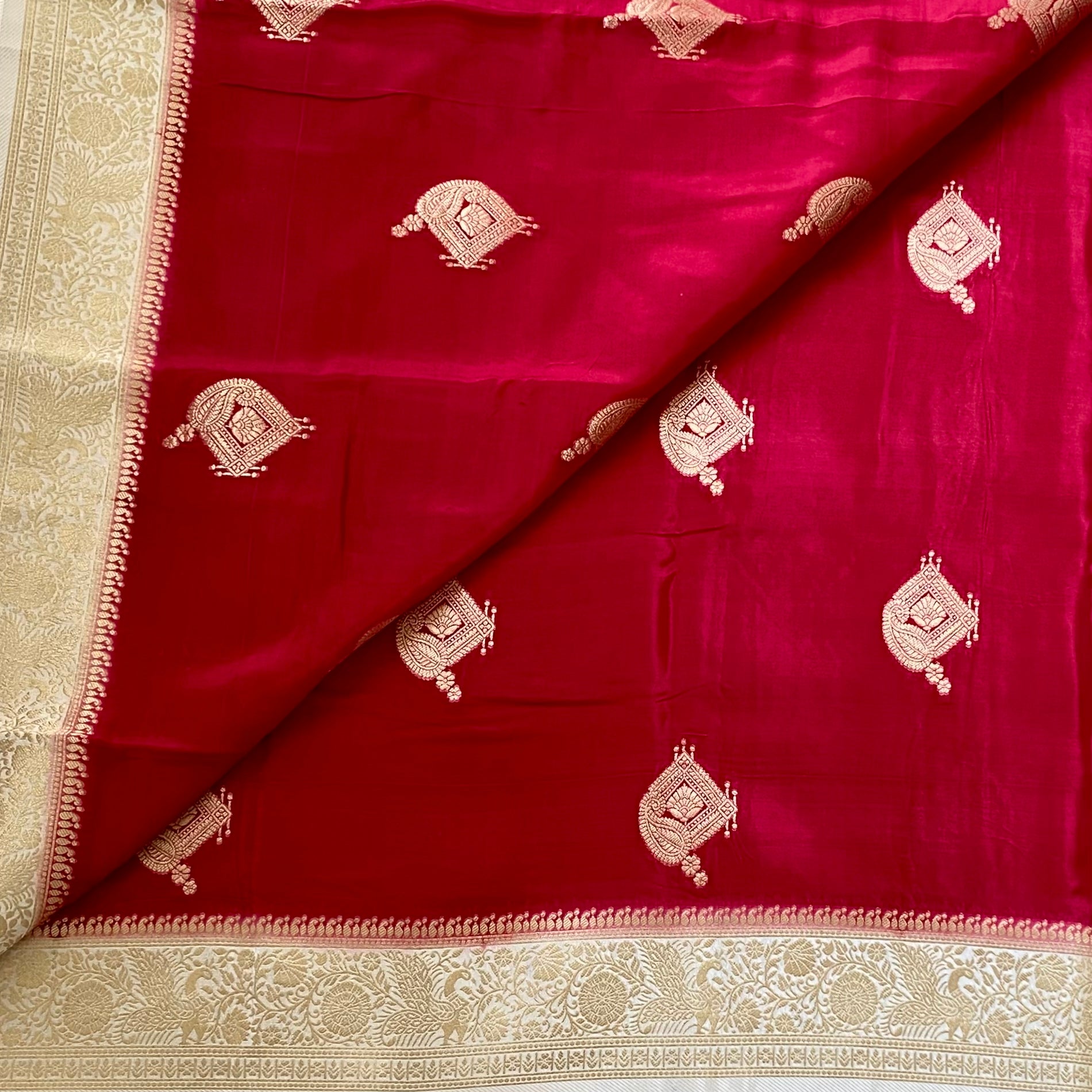 Cherry pinkish red with pearl designer soft crepe silk