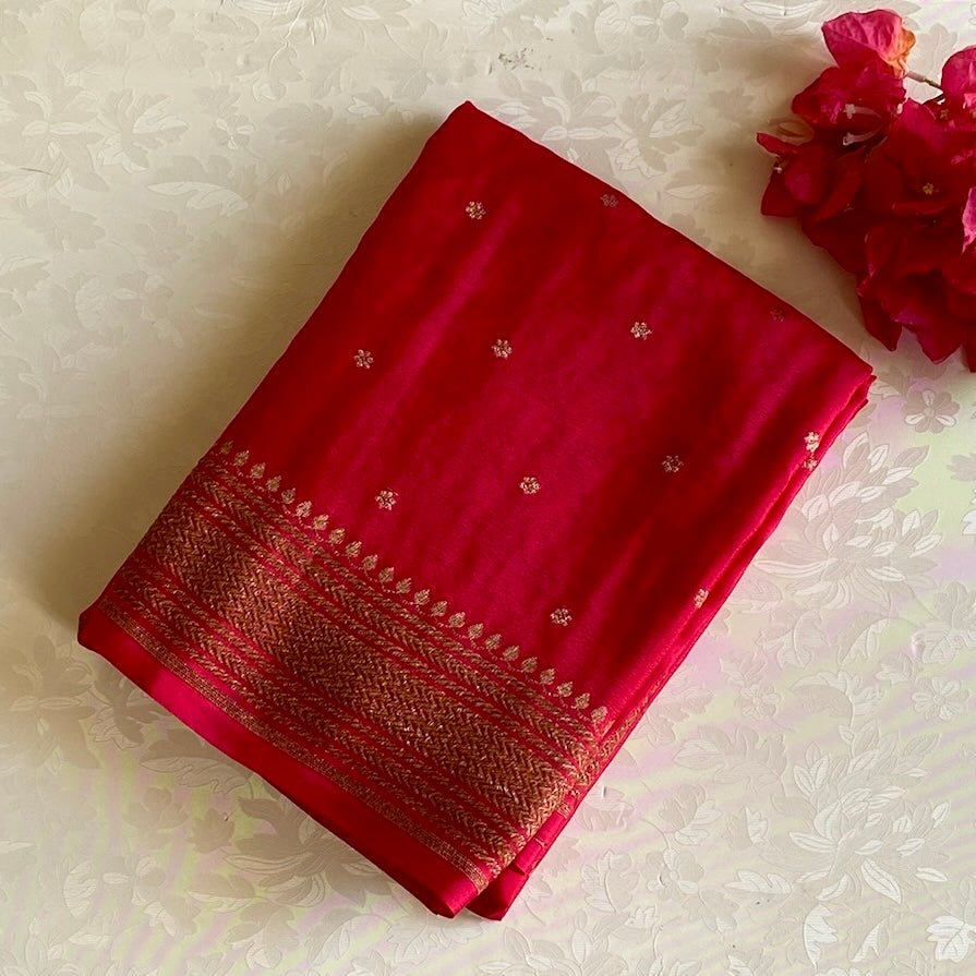 Rani Pink Banarasi Crepe Silk Saree With Antique Gold Pallu