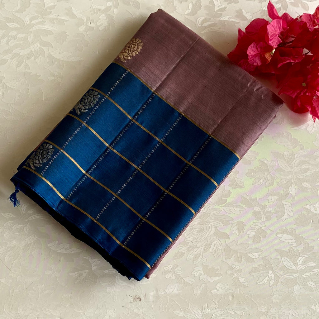 Metallic Dusty Rose Designer Pure Silk Saree With Rich Checkered Blue
