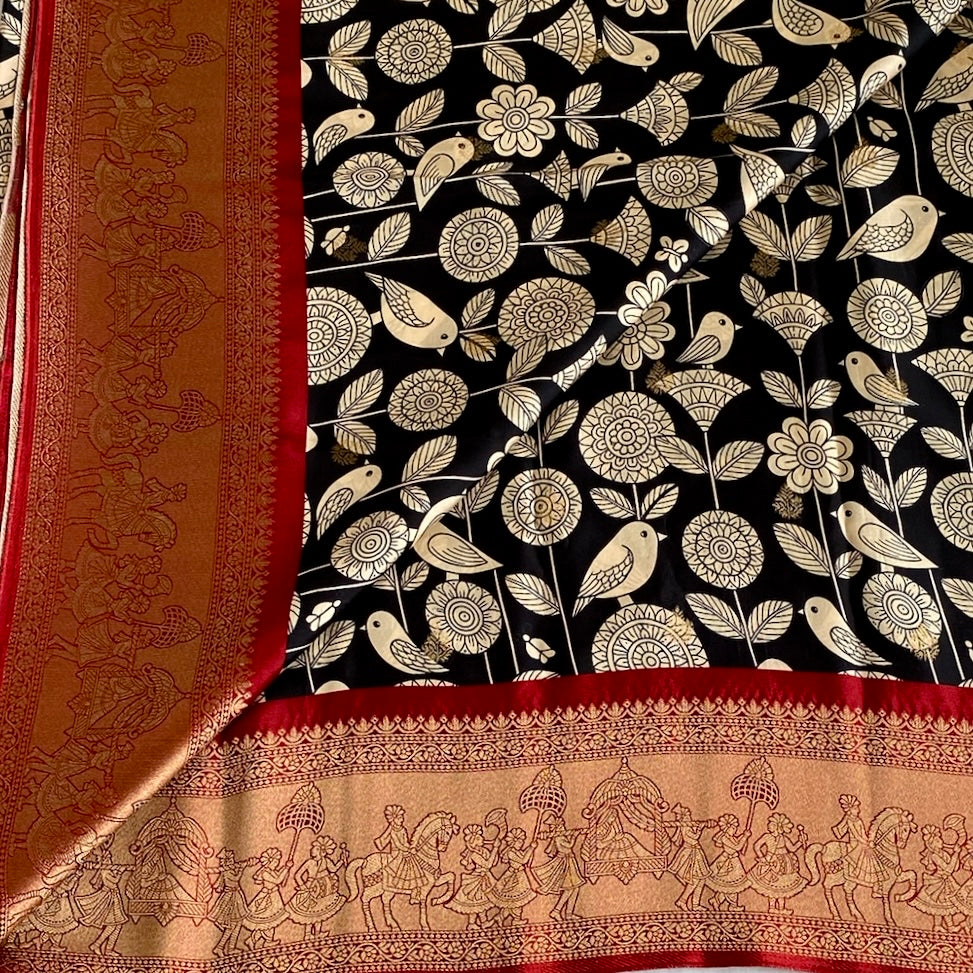 Stunner Kalamkari Black n White Designer Premium Soft Tussar